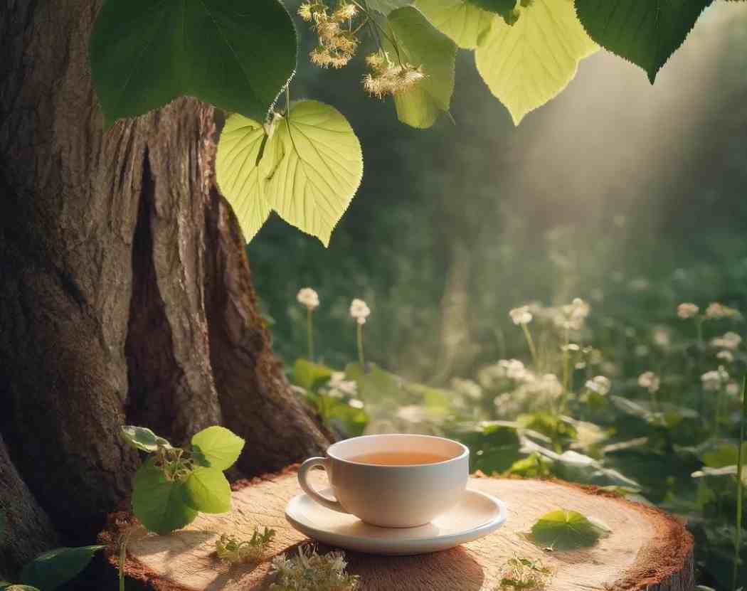 Šolja toplog čaja od lipe sa svetlim, nežnim cvetovima lipe oko šolje. Na stolu se nalazi i tanjirić sa sveže ubranim lišćem i cvetovima lipe. U pozadini se vidi zelenilo prirode, što stvara osećaj mira i opuštanja. Zašto treba koristiti čaj od lipe!?